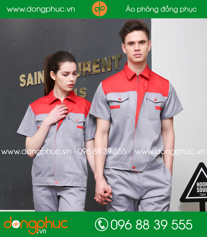 Mẫu bảo hộ màu ghi phối đỏ cộc tay
